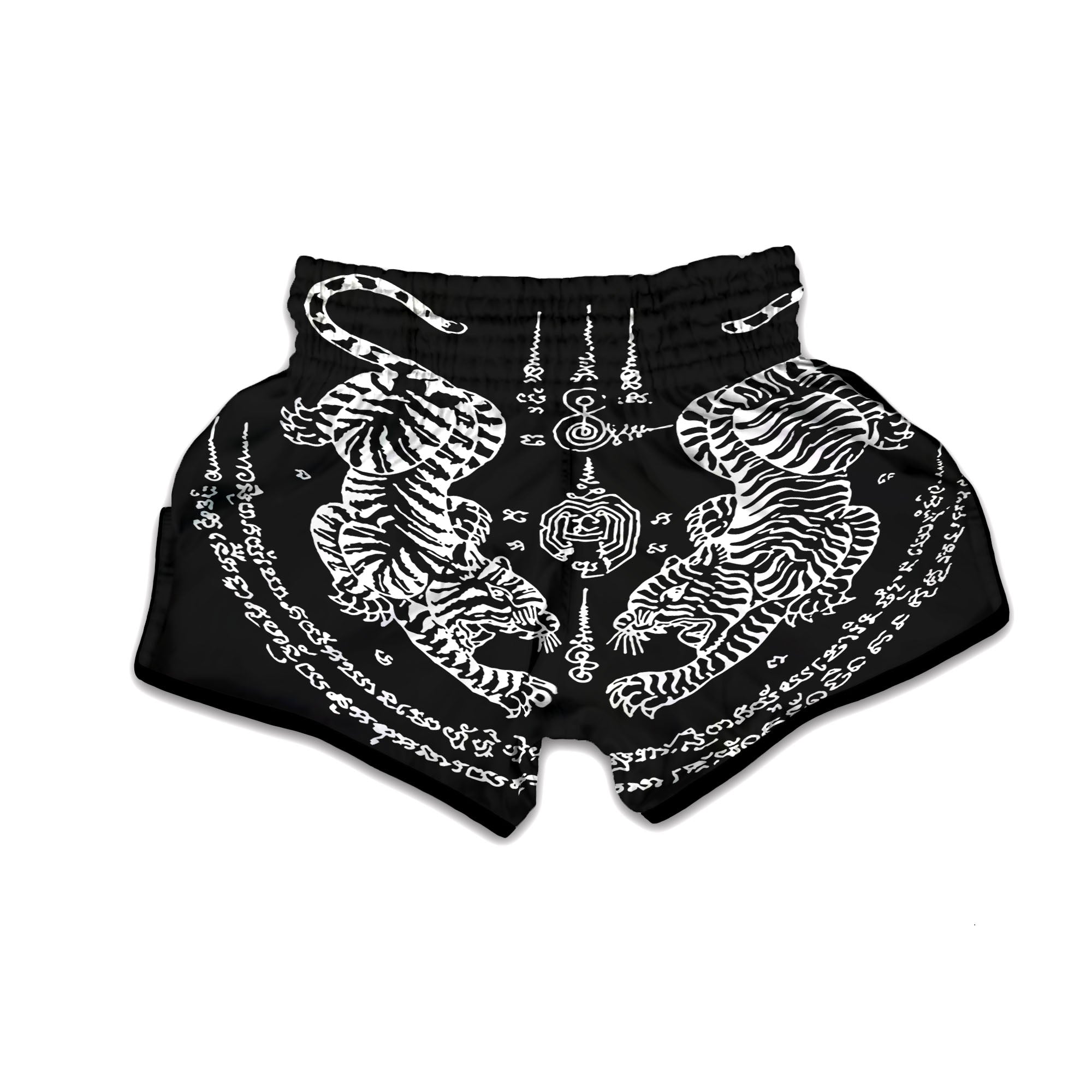 Thai Tattoo White And Black Print Muay Thai Boxing Shorts-grizzshop
