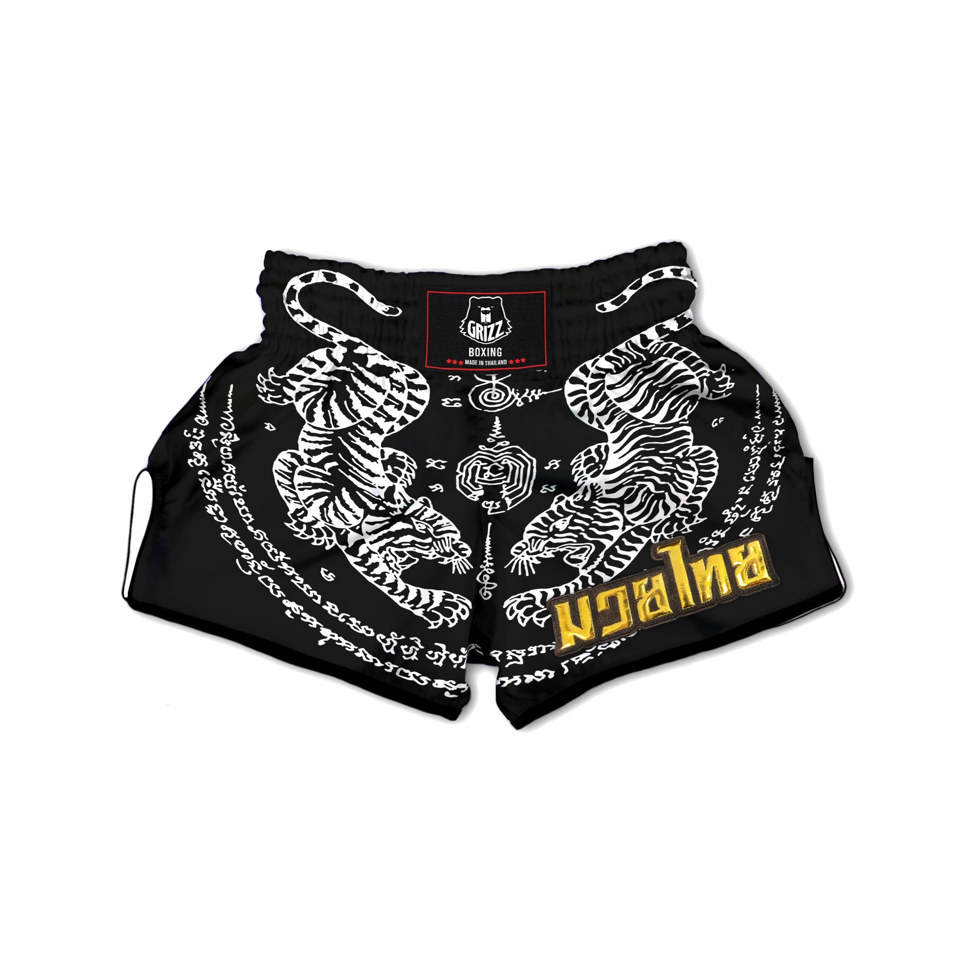 Thai Tattoo White And Black Print Muay Thai Boxing Shorts-grizzshop