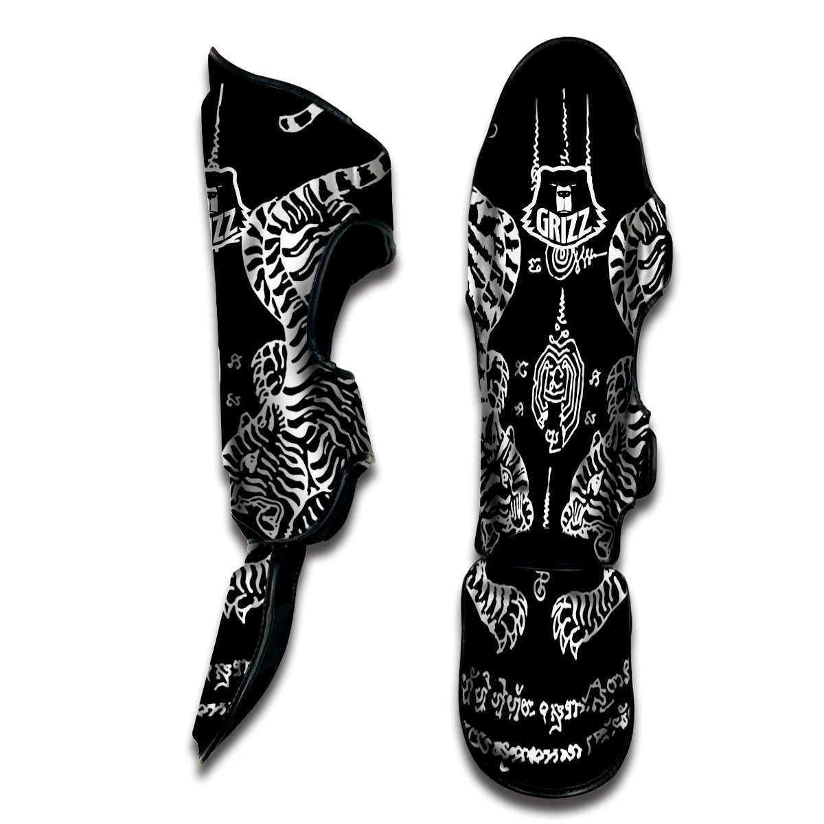 Thai Tattoo White And Black Print Muay Thai Shin Guards-grizzshop