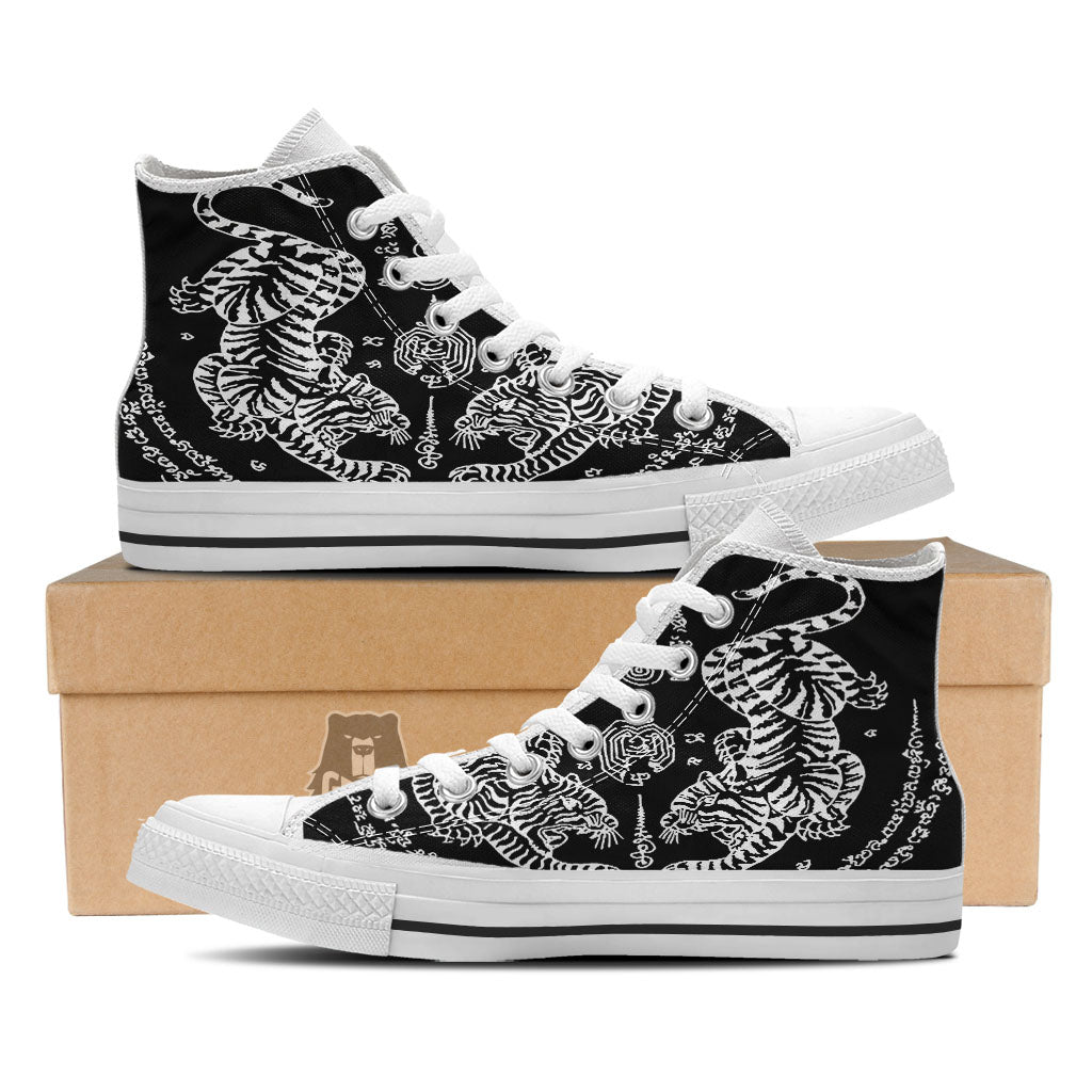 Thai Tattoo White And Black Print White High Top Shoes-grizzshop