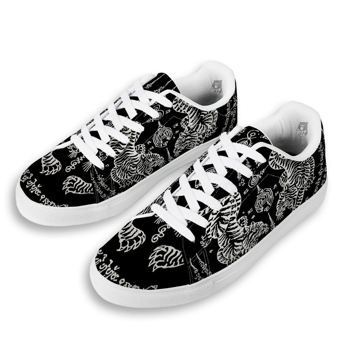 Thai Tattoo White And Black Print White Low Top Sneakers-grizzshop