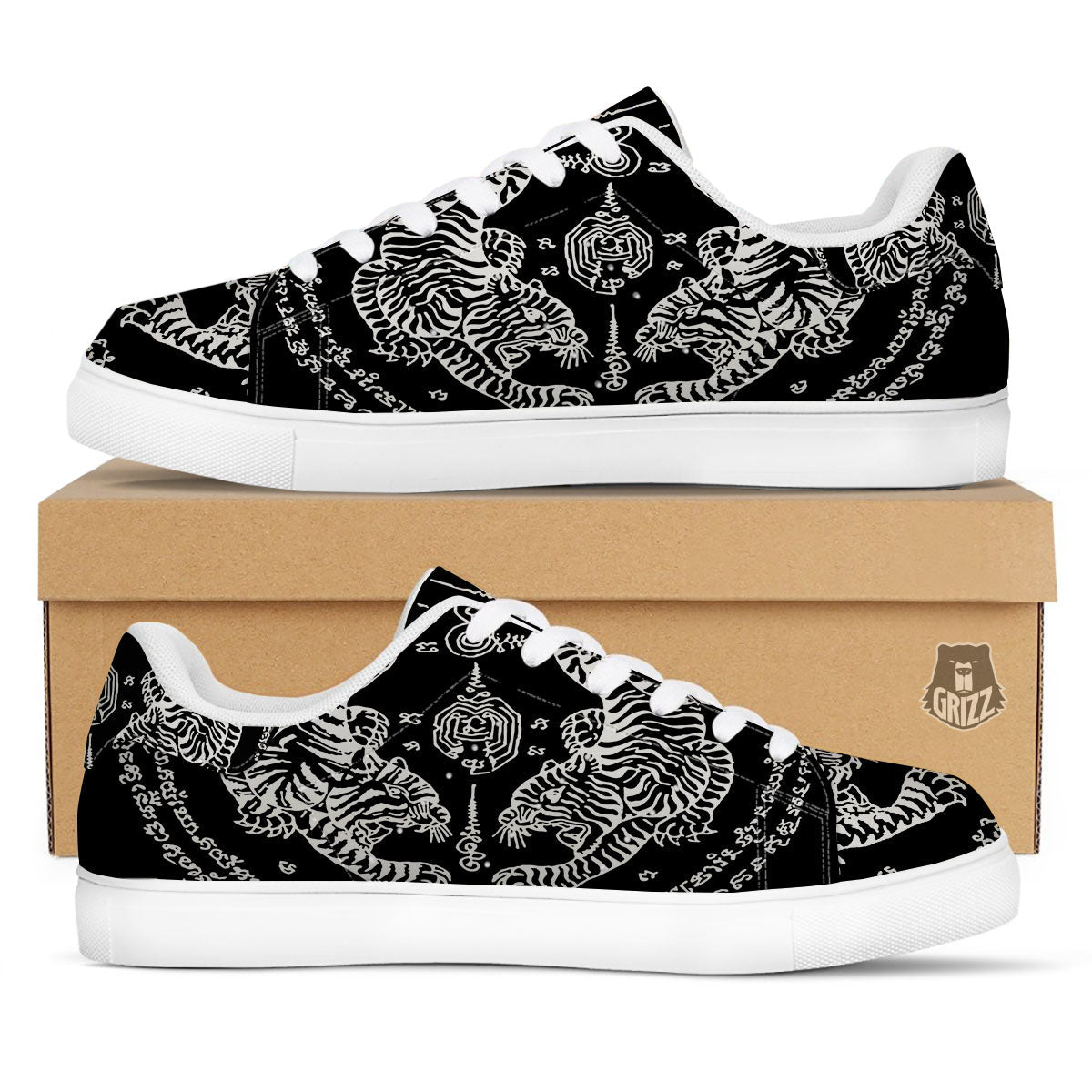 Thai Tattoo White And Black Print White Low Top Sneakers-grizzshop