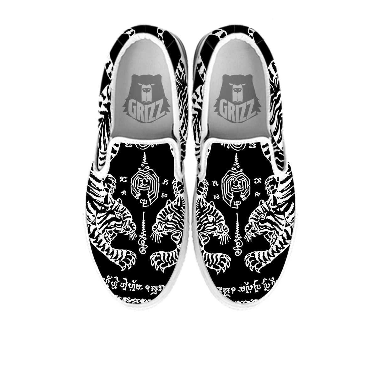 Thai Tattoo White And Black Print White Slip On Shoes-grizzshop