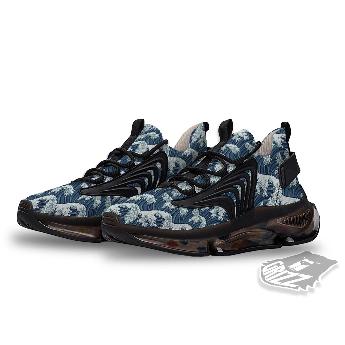 The Great Kanagawa Wave Print Pattern Black Gym Shoes-grizzshop