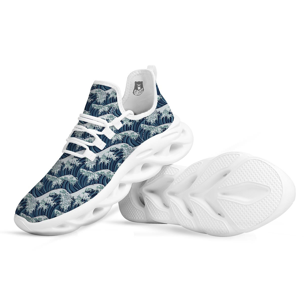 The Great Kanagawa Wave Print Pattern White Running Shoes-grizzshop