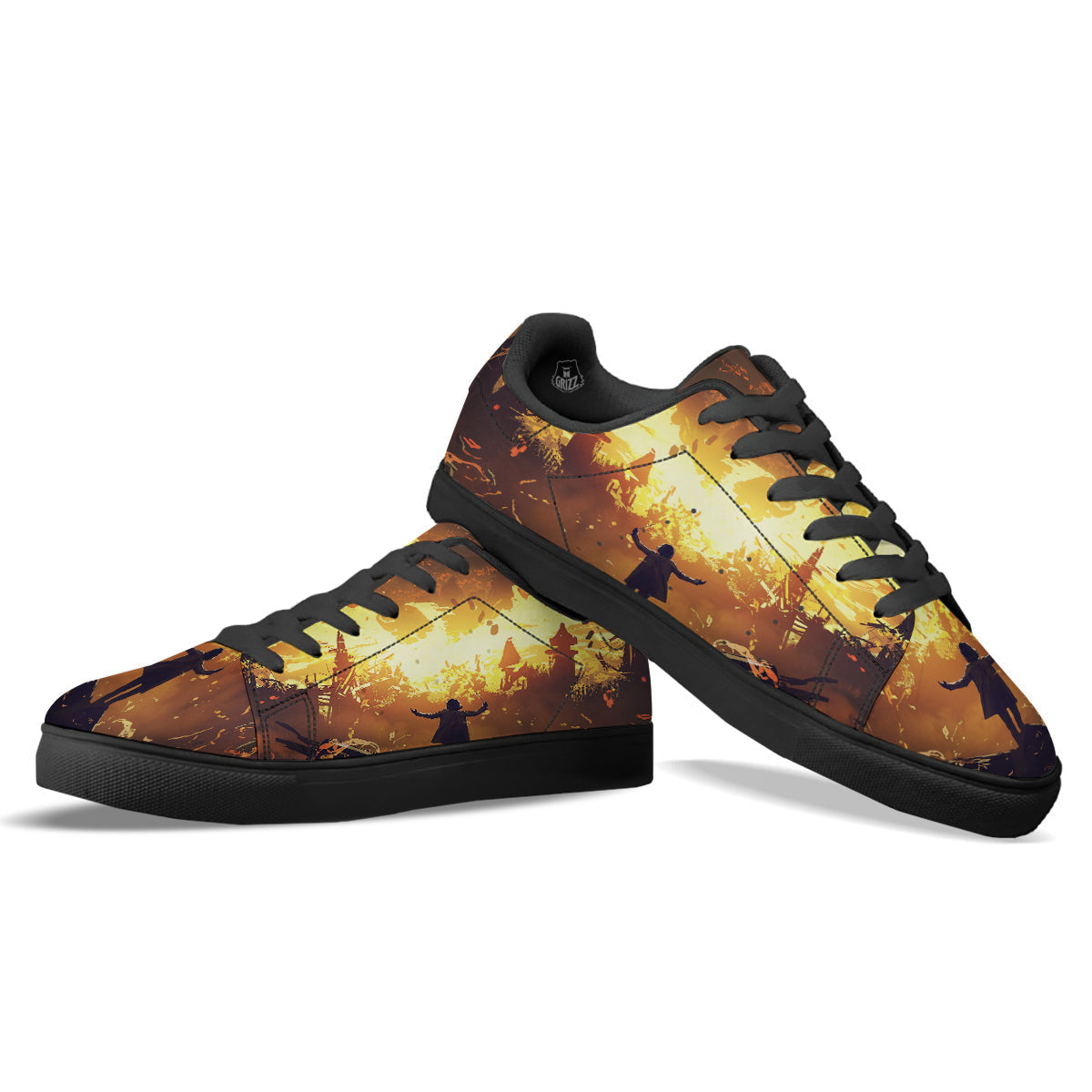 The Man And Phoenix Print Black Low Top Sneakers-grizzshop