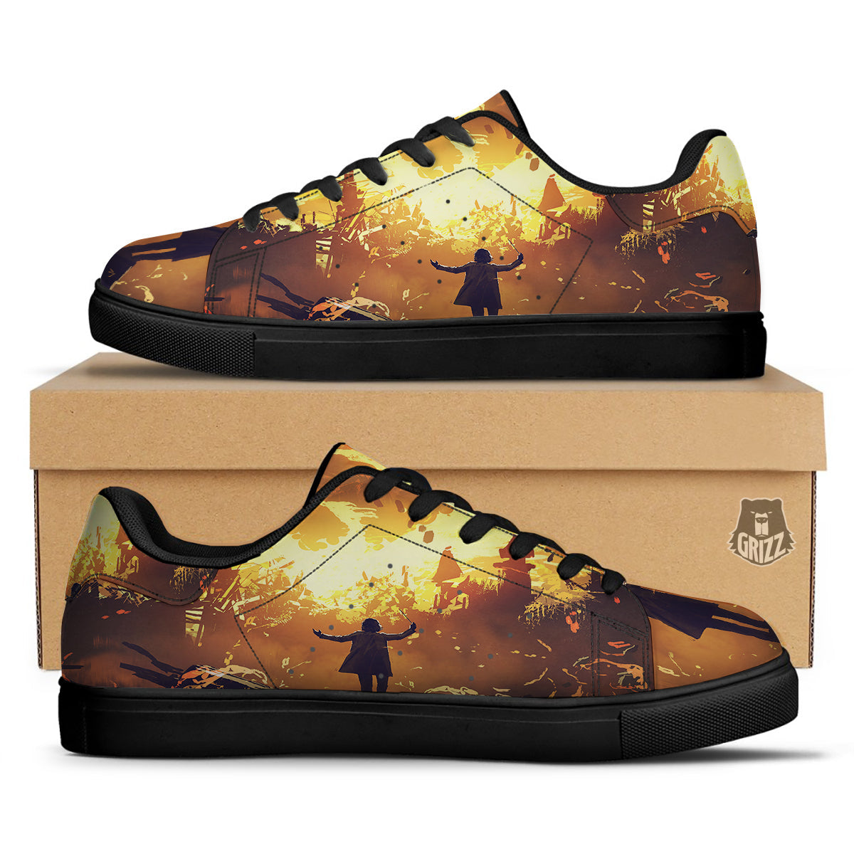 The Man And Phoenix Print Black Low Top Sneakers-grizzshop