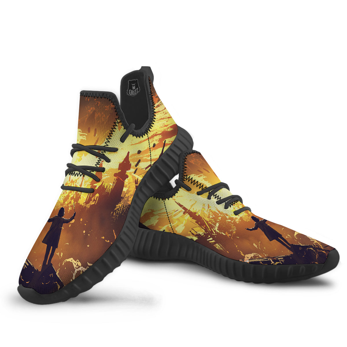 The Man And Phoenix Print Black Walking Shoes-grizzshop