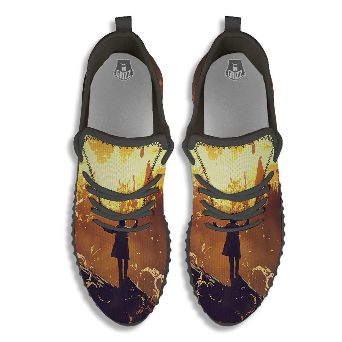 The Man And Phoenix Print Black Walking Shoes-grizzshop