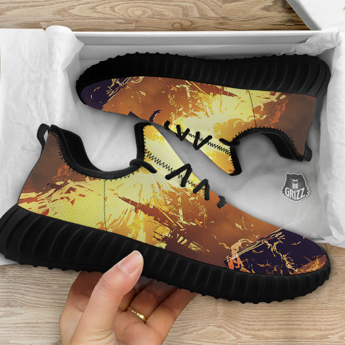 The Man And Phoenix Print Black Walking Shoes-grizzshop