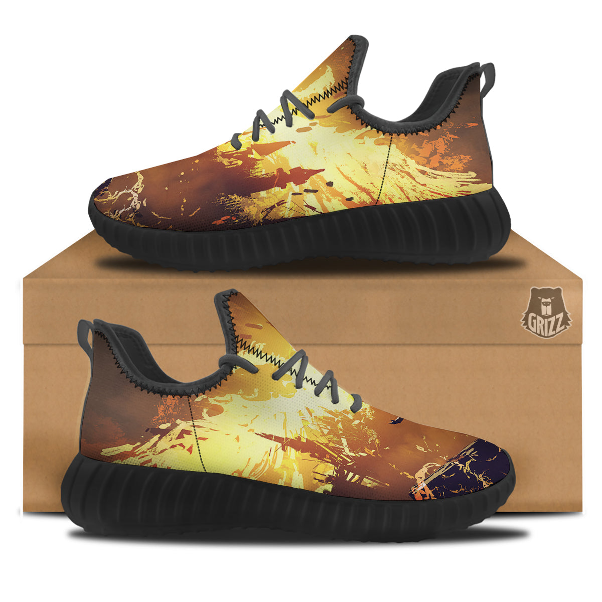 The Man And Phoenix Print Black Walking Shoes-grizzshop