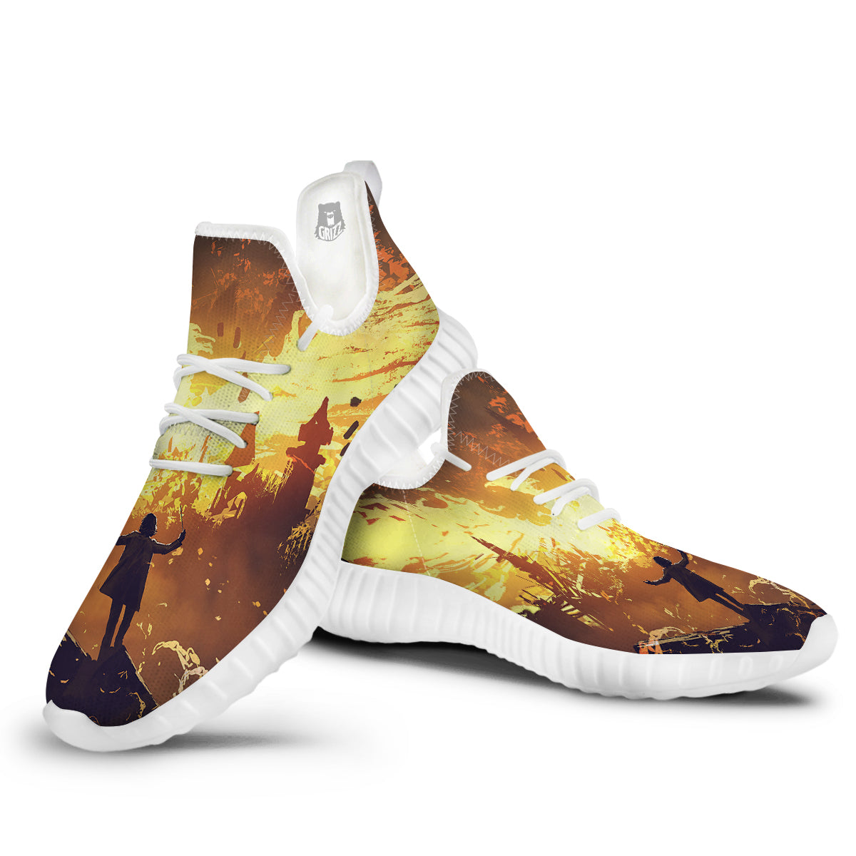 The Man And Phoenix Print White Walking Shoes-grizzshop