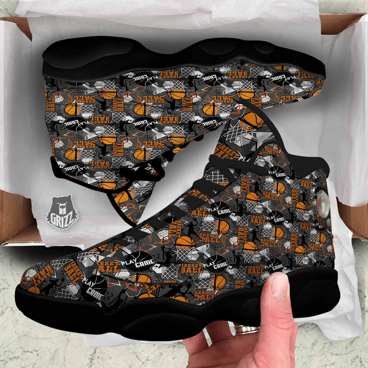 Theme Basketball Print Pattern Black Basketball Shoes-grizzshop