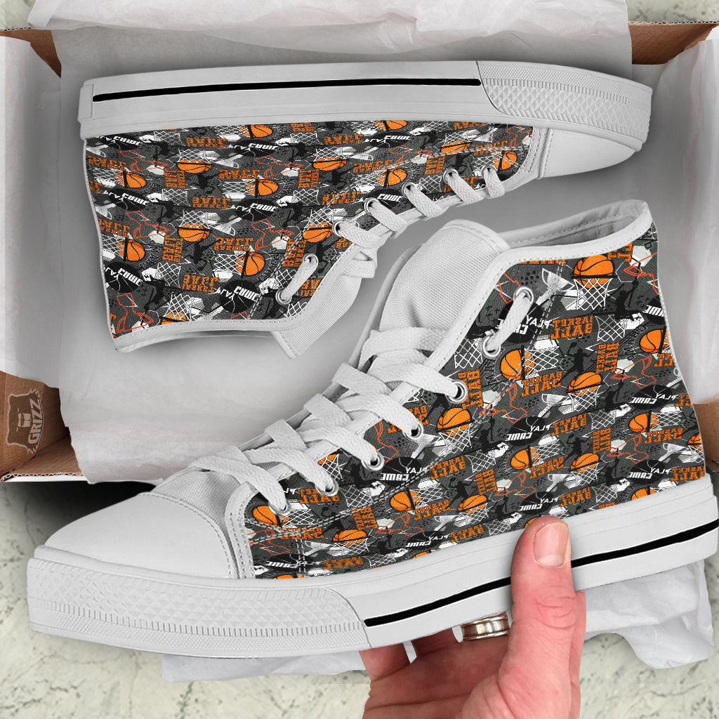 Theme Basketball Print Pattern White High Top Shoes-grizzshop