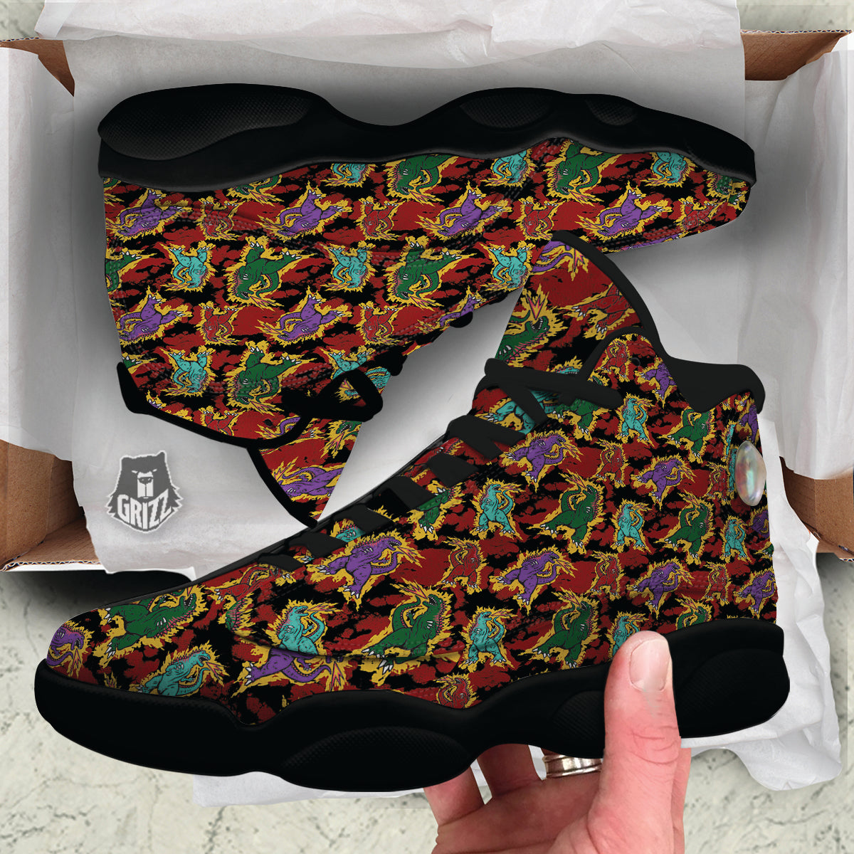Tie Dye And Godzilla Print Pattern Black Basketball Shoes-grizzshop