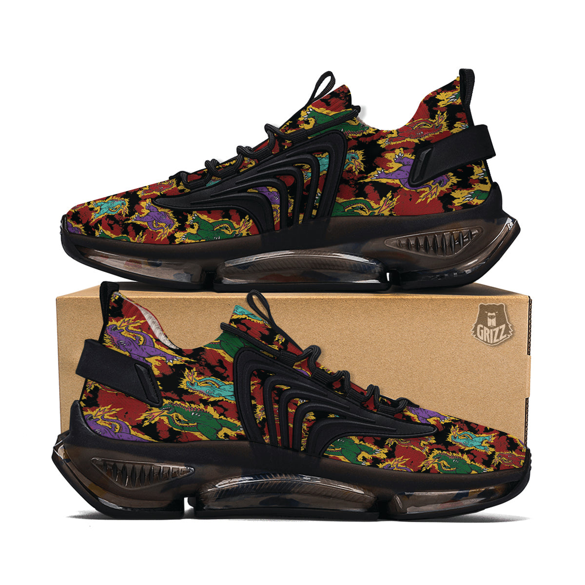 Tie Dye And Godzilla Print Pattern Black Gym Shoes-grizzshop