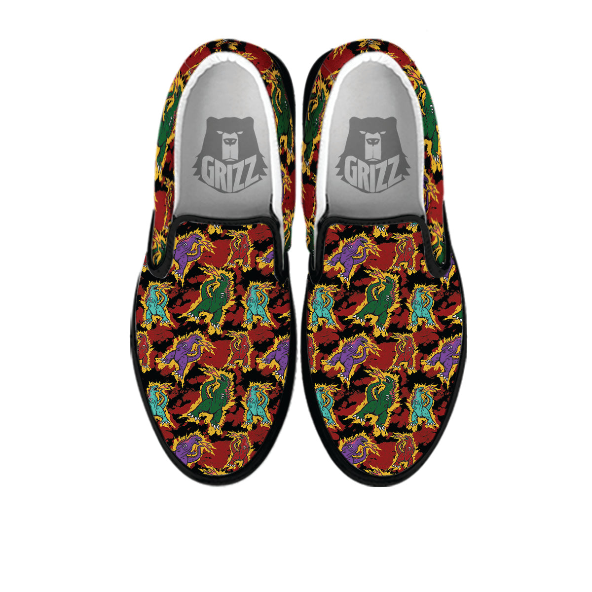 Tie Dye And Godzilla Print Pattern Black Slip On Shoes-grizzshop