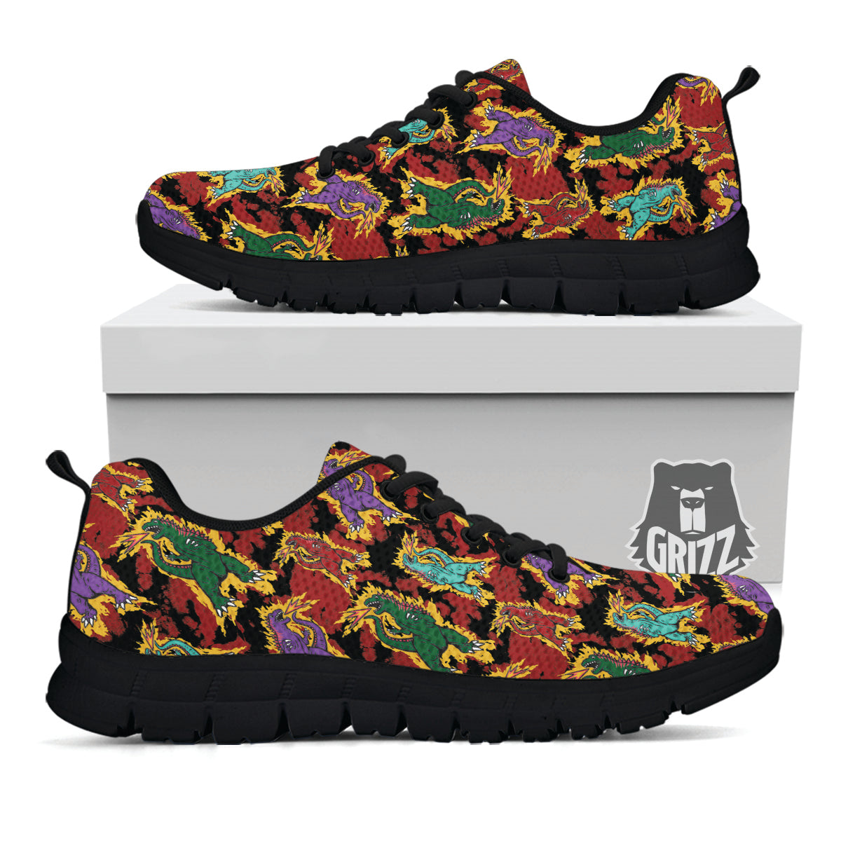 Tie Dye And Godzilla Print Pattern Black Sneaker-grizzshop