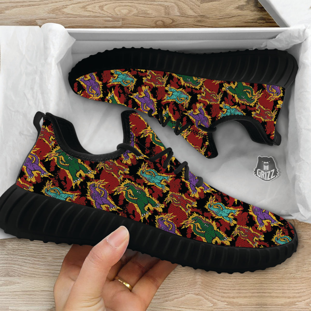 Tie Dye And Godzilla Print Pattern Black Walking Shoes-grizzshop
