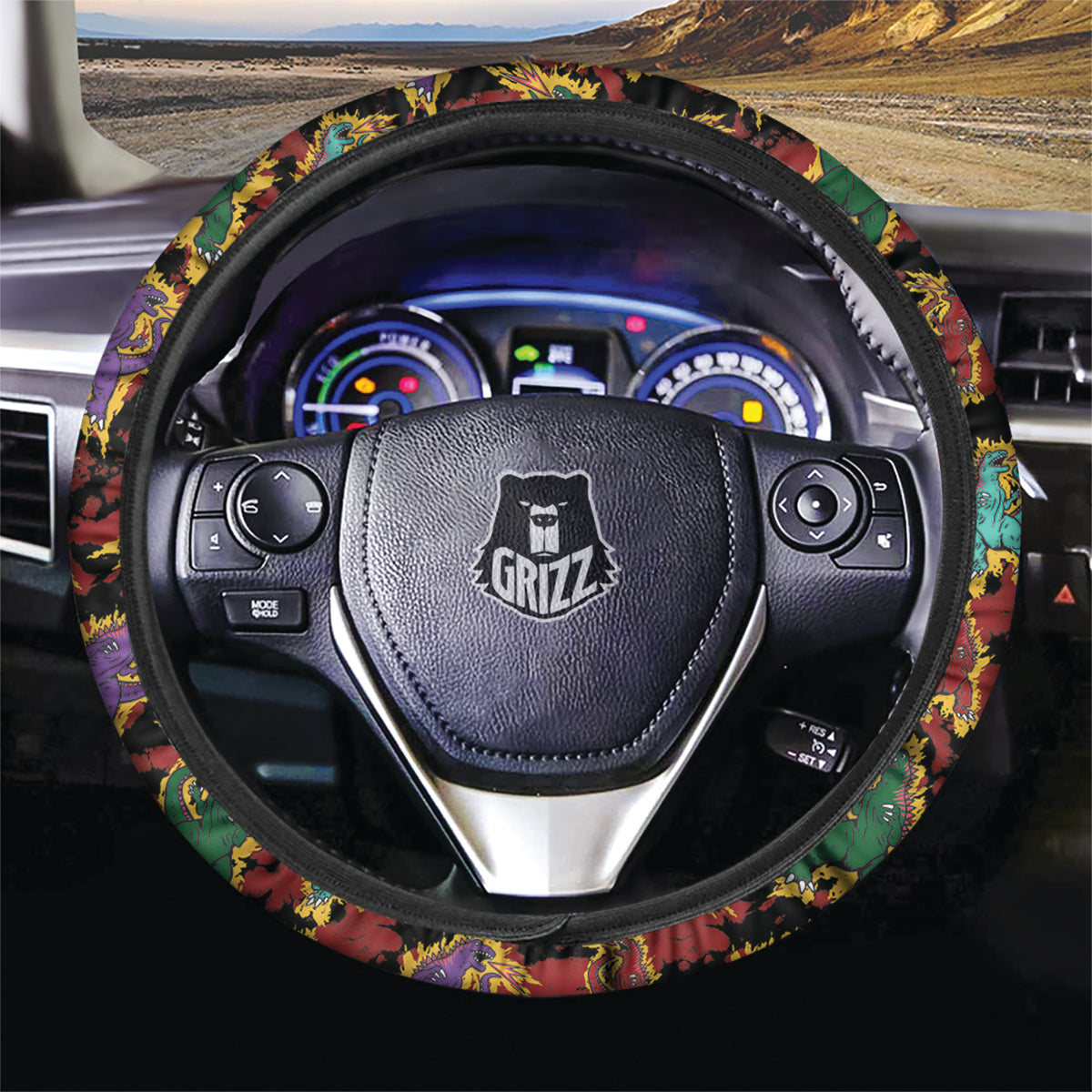 Tie Dye And Godzilla Print Pattern Car Steering Wheel Cover-grizzshop