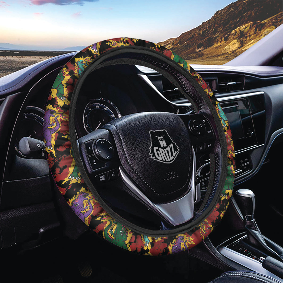 Tie Dye And Godzilla Print Pattern Car Steering Wheel Cover-grizzshop