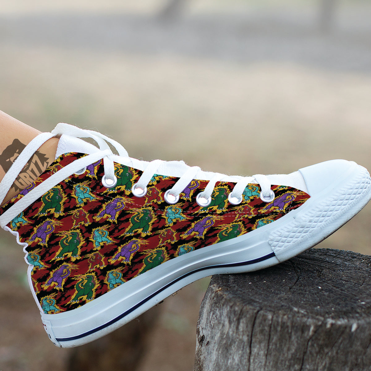Tie Dye And Godzilla Print Pattern White High Top Shoes-grizzshop