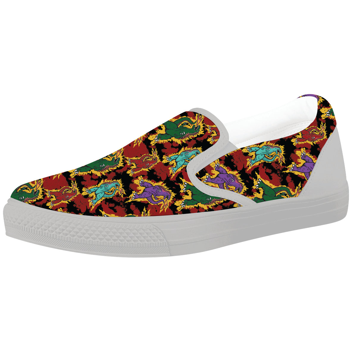 Tie Dye And Godzilla Print Pattern White Slip On Shoes-grizzshop