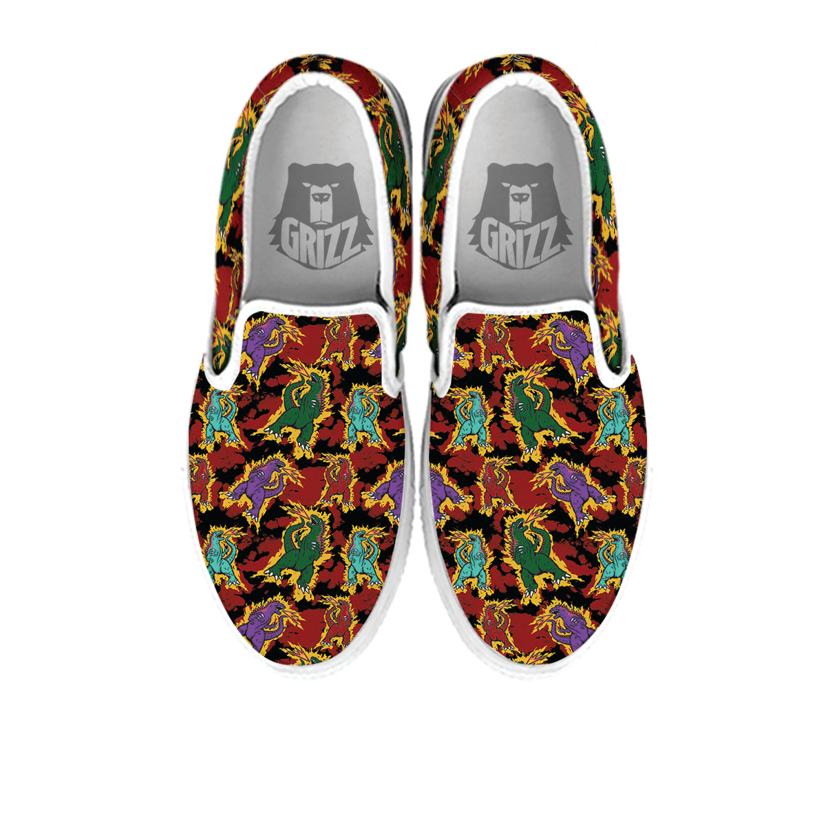 Tie Dye And Godzilla Print Pattern White Slip On Shoes-grizzshop