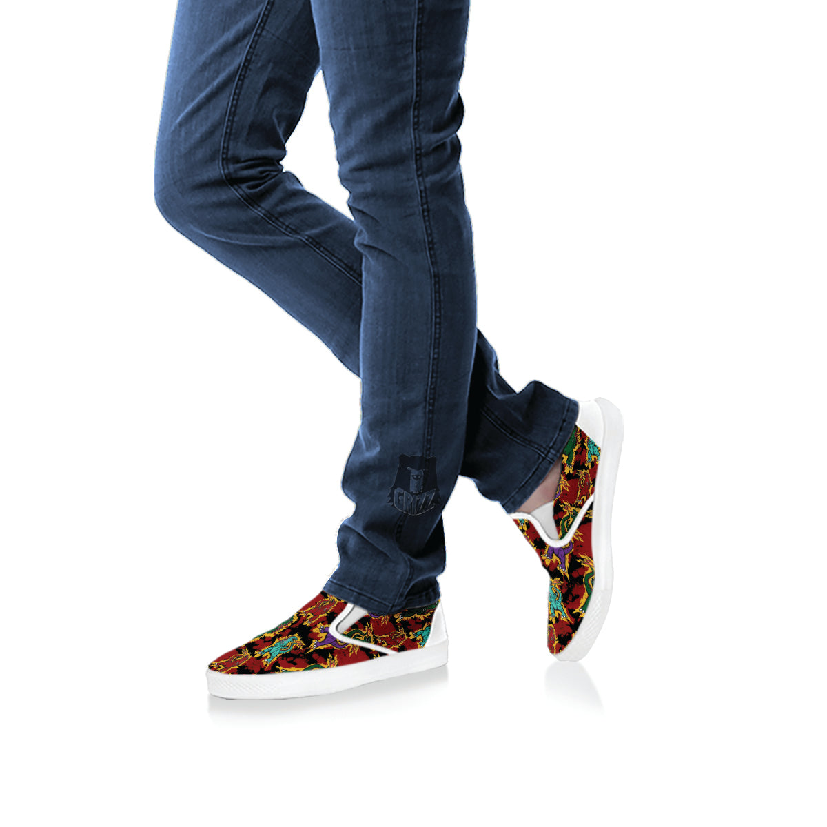 Tie Dye And Godzilla Print Pattern White Slip On Shoes-grizzshop