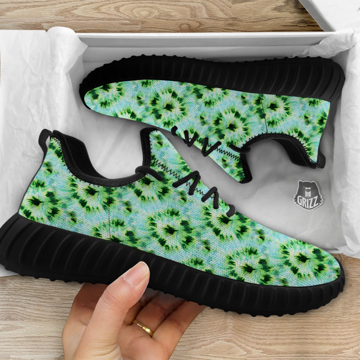 Tie Dye Black Green Watercolor Print Black Walking Shoes-grizzshop