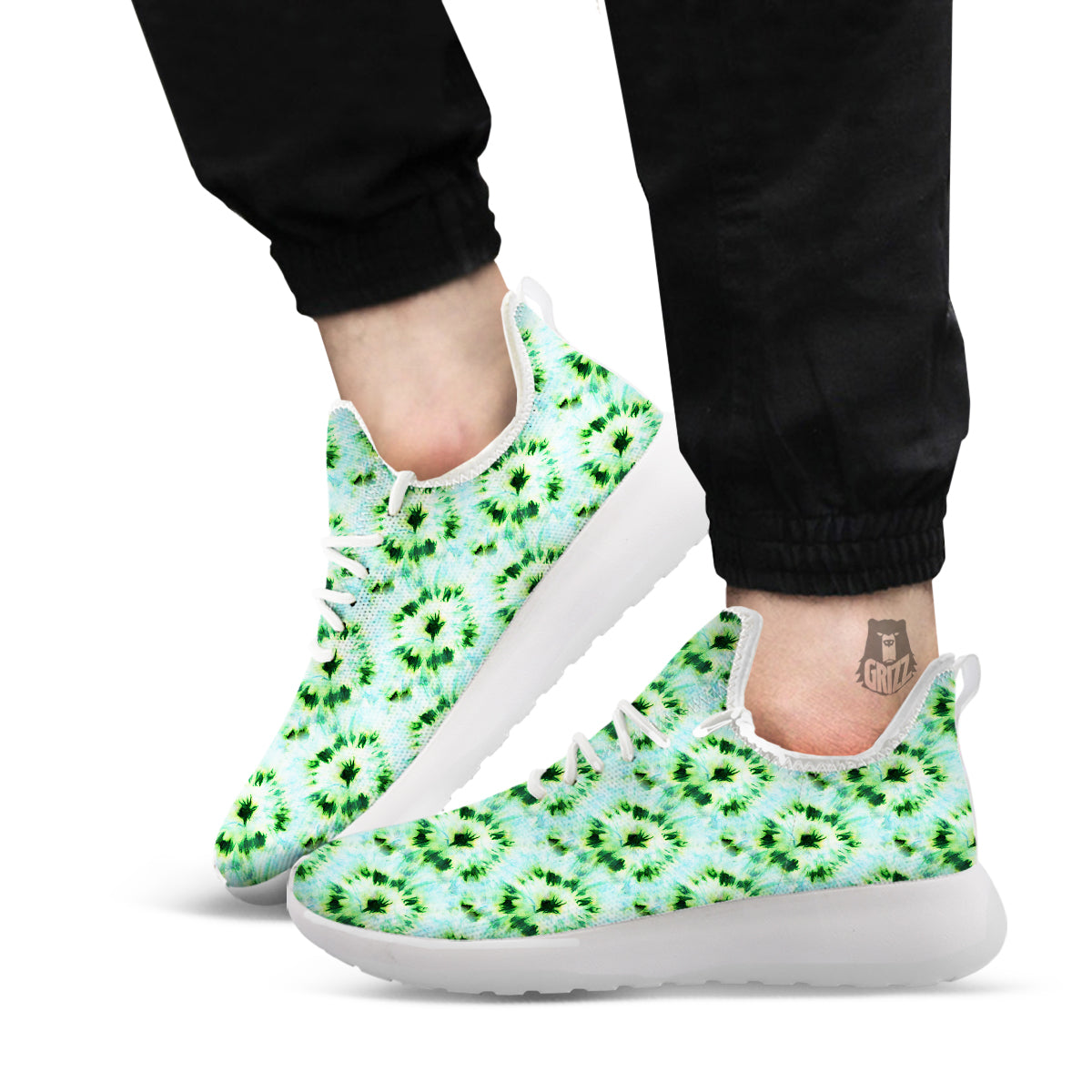 Tie Dye Black Green Watercolor Print White Athletic Shoes-grizzshop