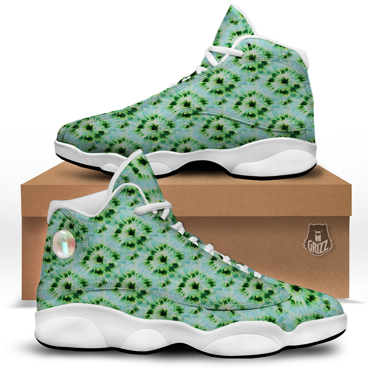 Tie Dye Black Green Watercolor Print White Basketball Shoes-grizzshop