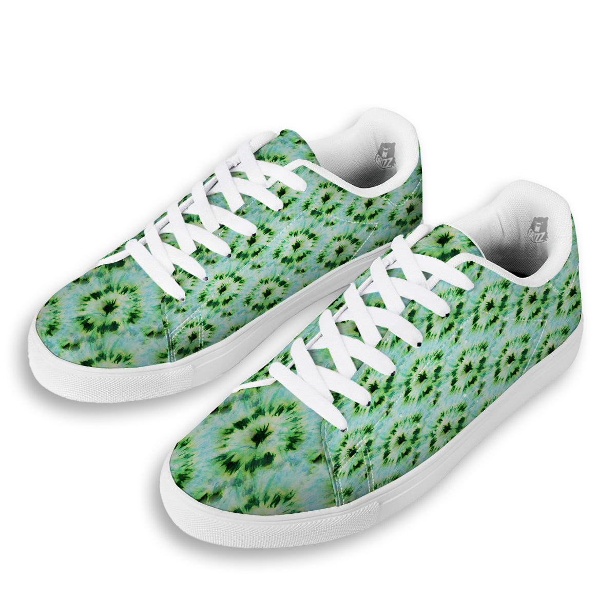 Tie Dye Black Green Watercolor Print White Low Top Sneakers-grizzshop