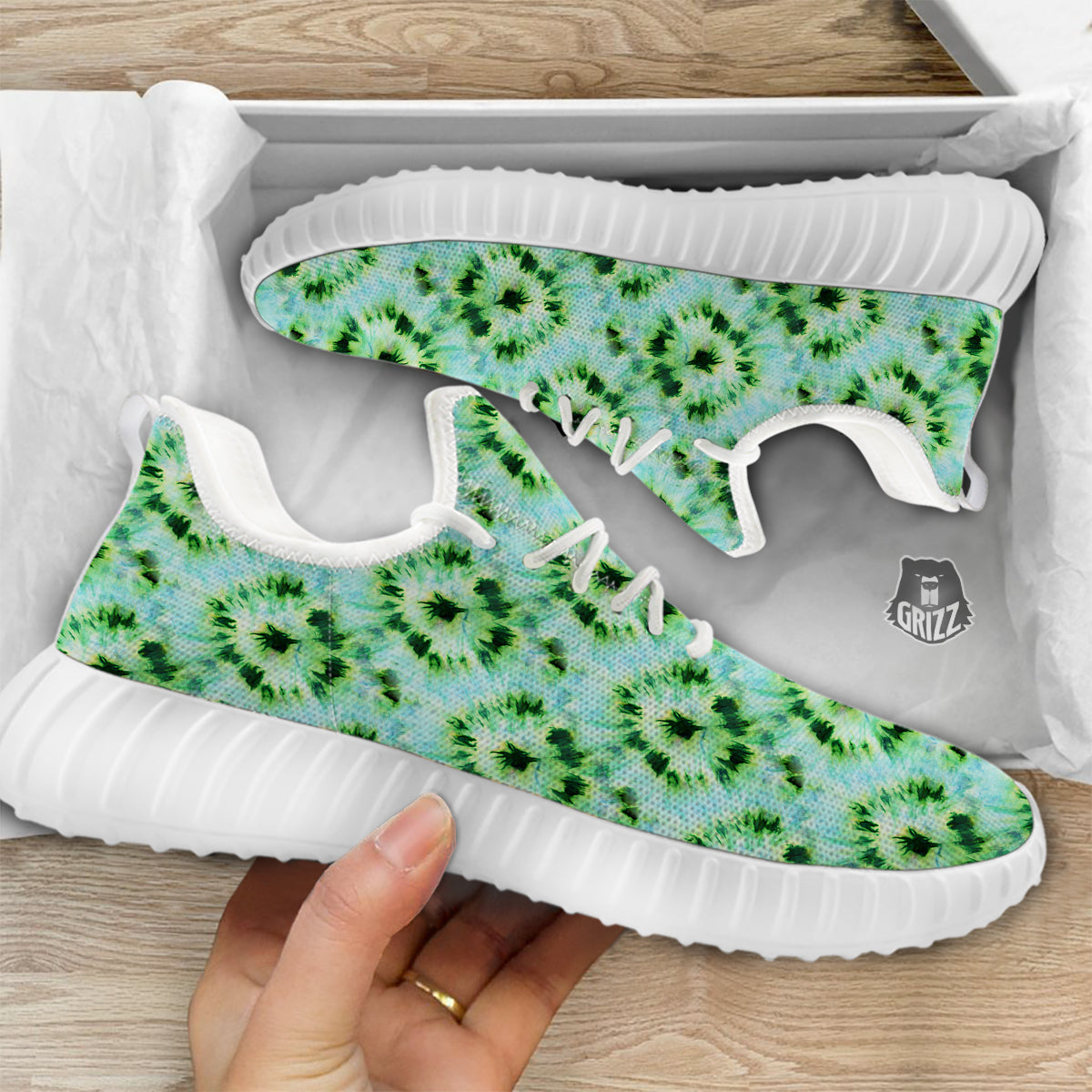 Tie Dye Black Green Watercolor Print White Walking Shoes-grizzshop