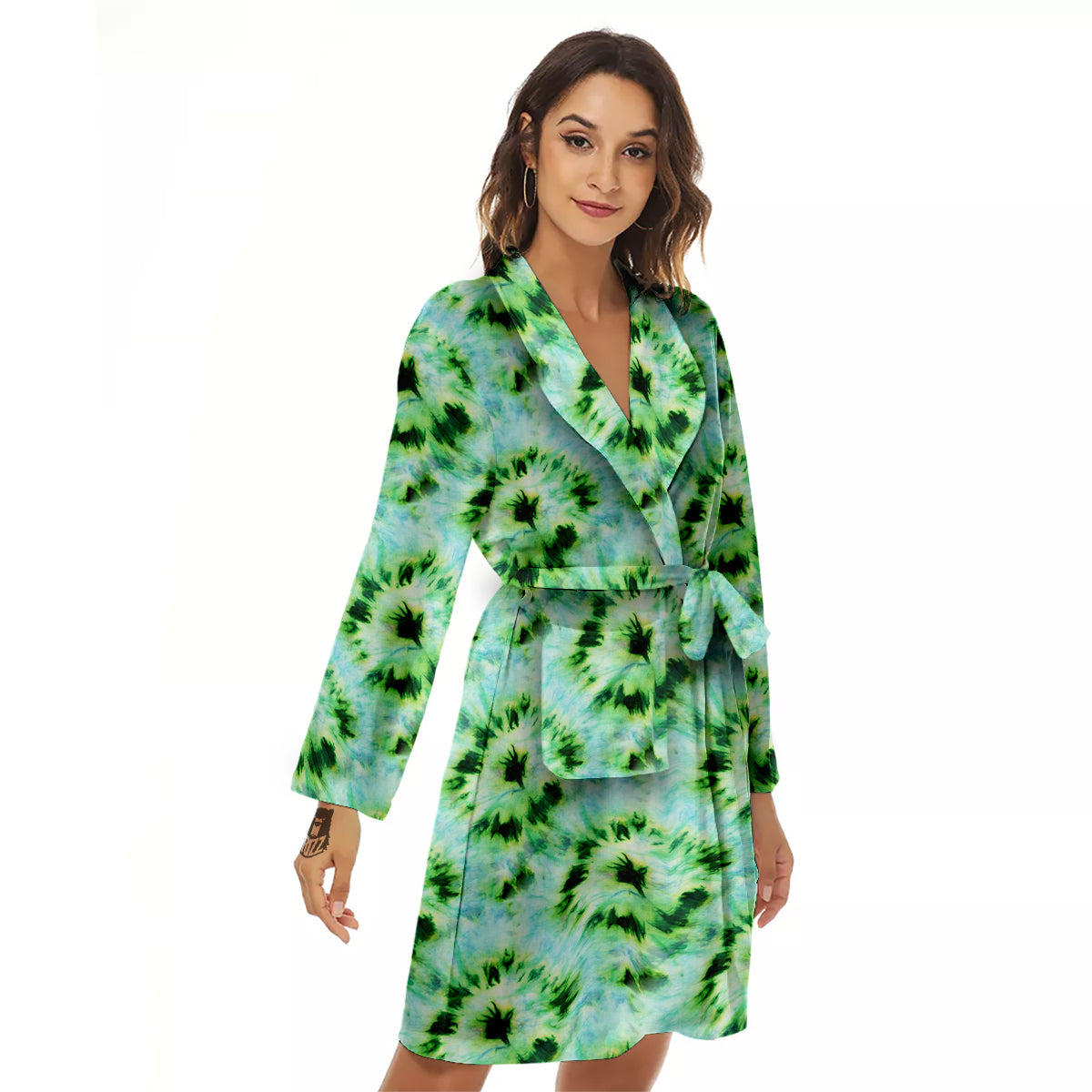 Tie Dye Black Green Watercolor Print Women's Robe-grizzshop