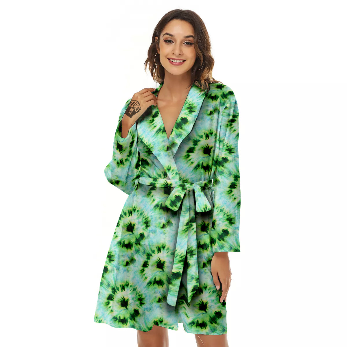 Tie Dye Black Green Watercolor Print Women's Robe-grizzshop