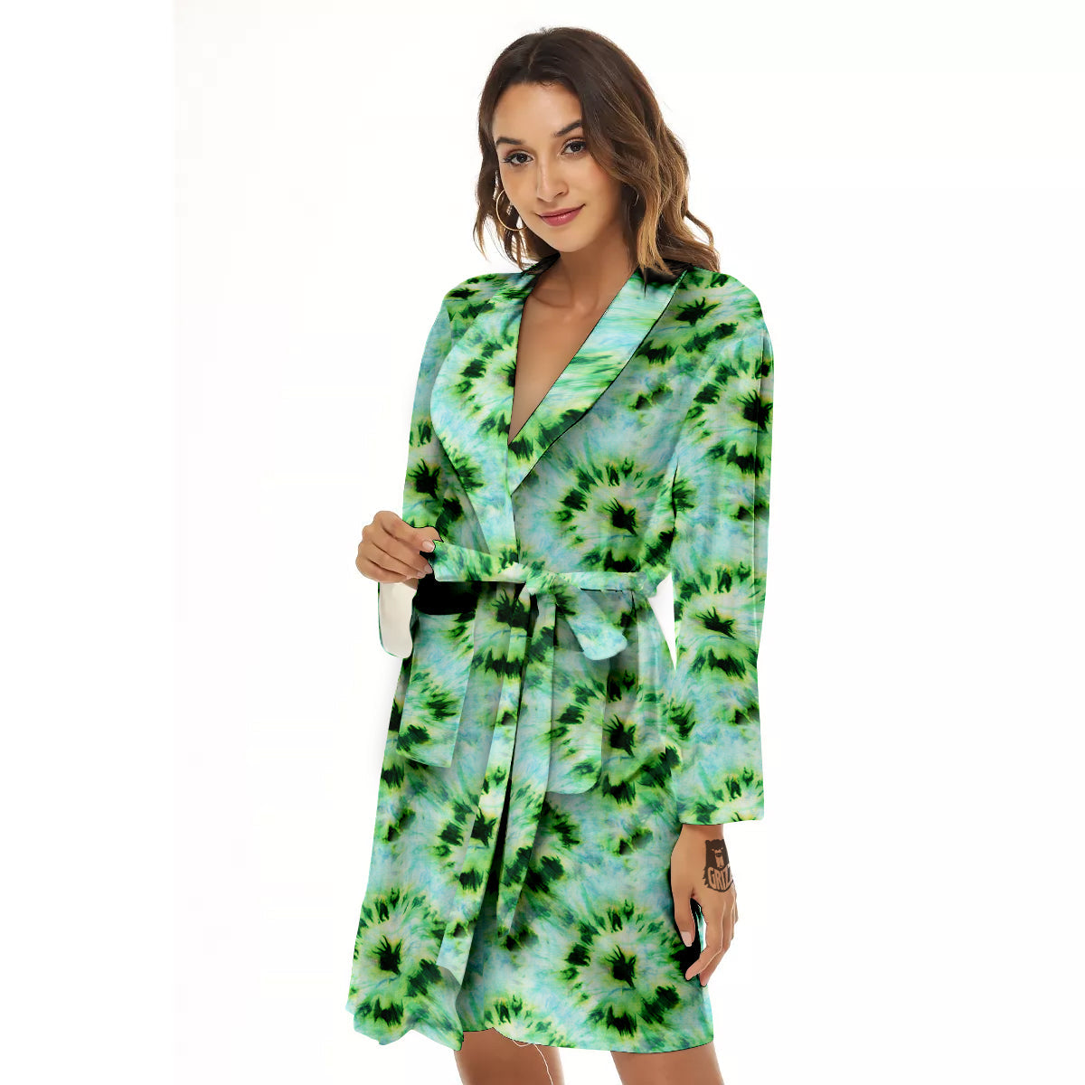 Tie Dye Black Green Watercolor Print Women's Robe-grizzshop