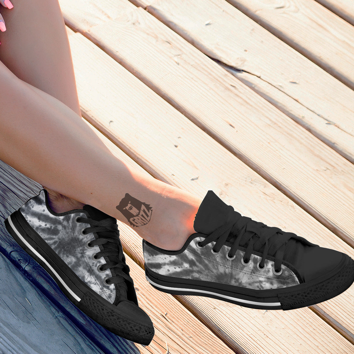 Tie Dye Black White Print Pattern Black Low Top Shoes-grizzshop