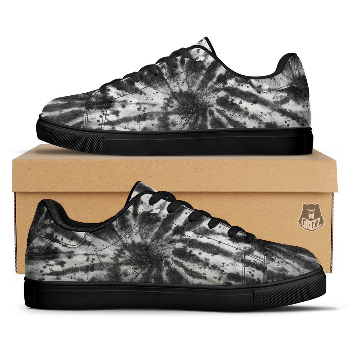 Tie Dye Black White Print Pattern Black Low Top Sneakers-grizzshop