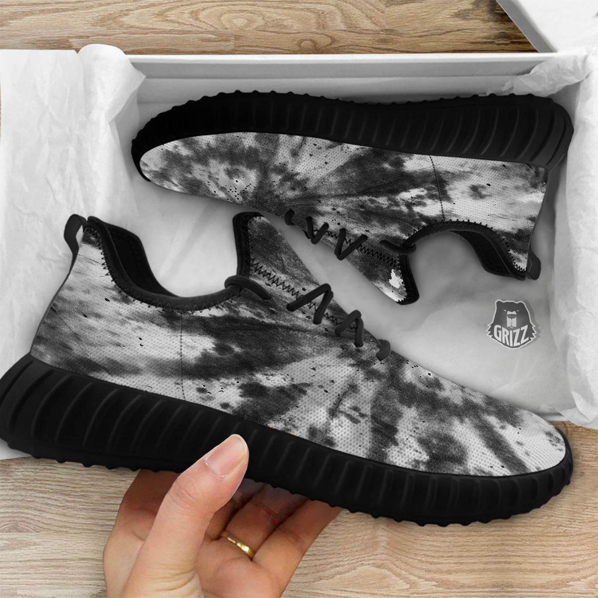 Tie Dye Black White Print Pattern Black Walking Shoes-grizzshop