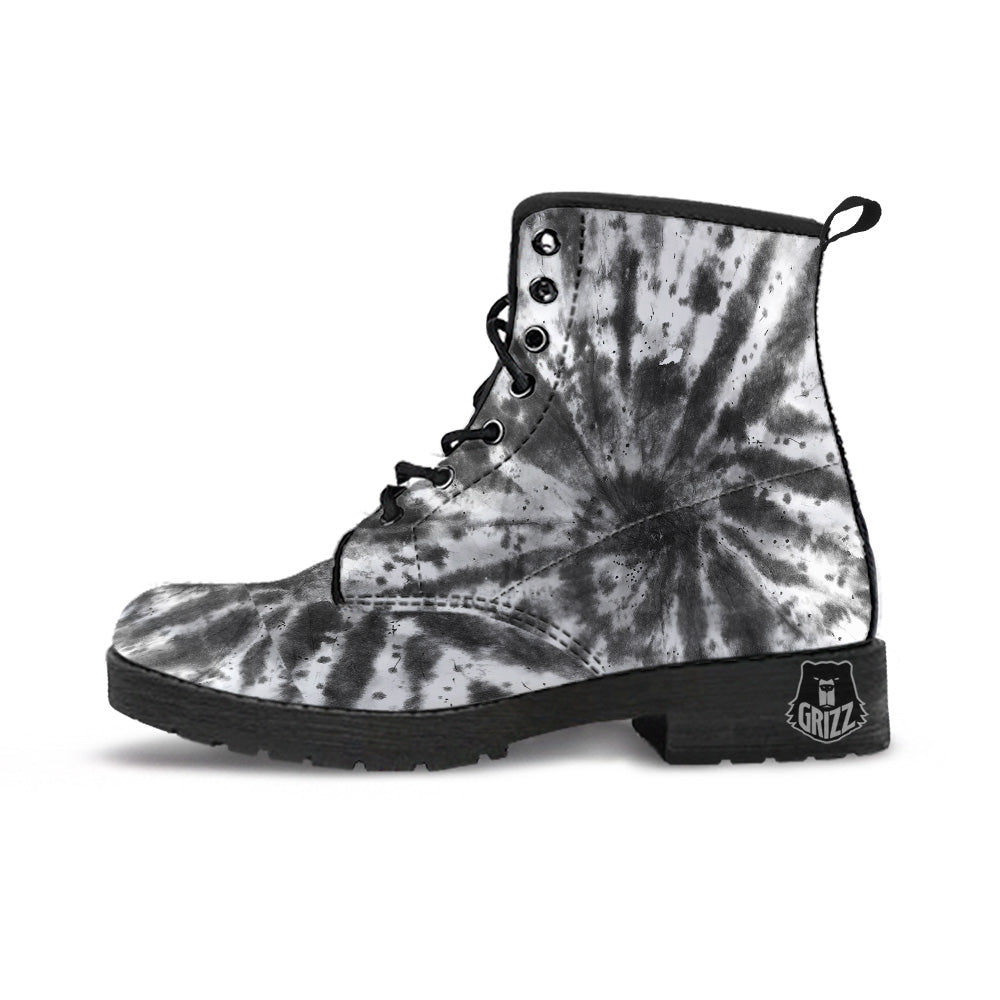 Tie Dye Black White Print Pattern Leather Boots-grizzshop