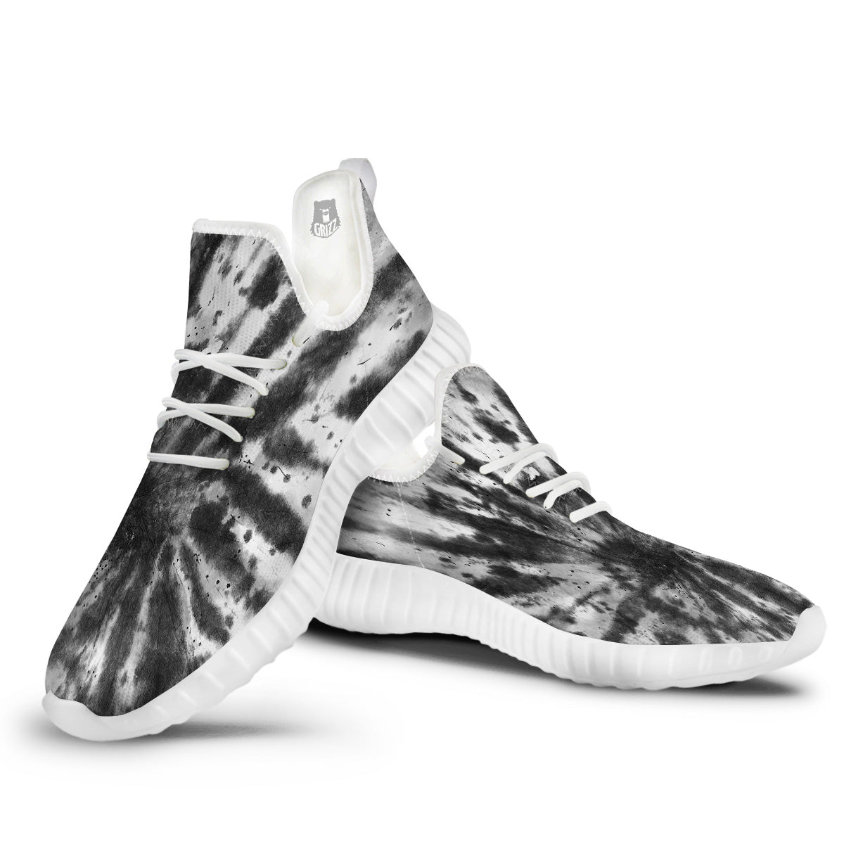 Tie Dye Black White Print Pattern White Walking Shoes-grizzshop