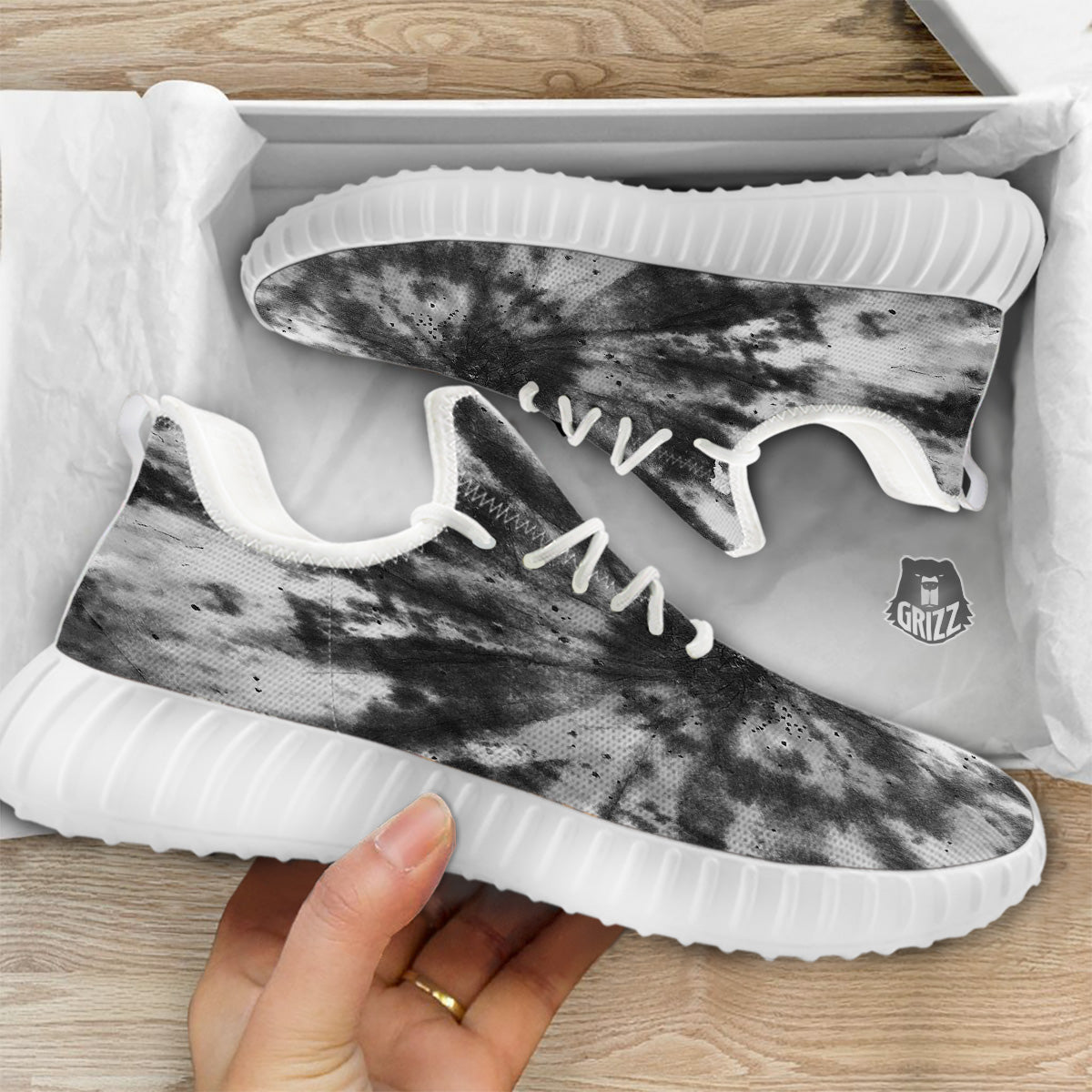 Tie Dye Black White Print Pattern White Walking Shoes-grizzshop