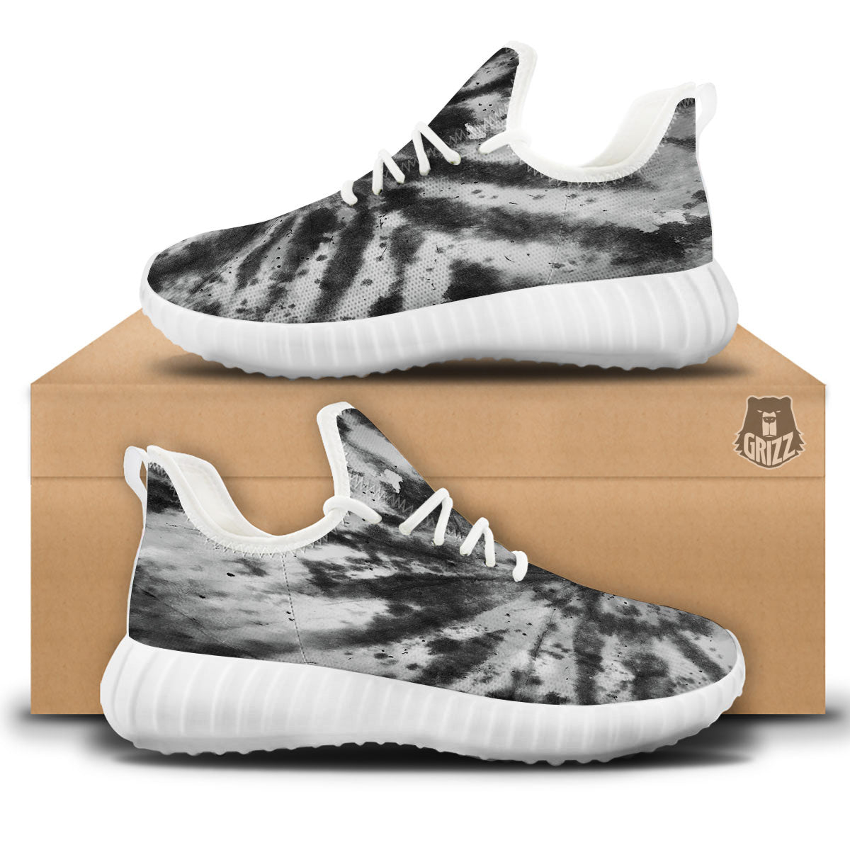 Tie Dye Black White Print Pattern White Walking Shoes-grizzshop
