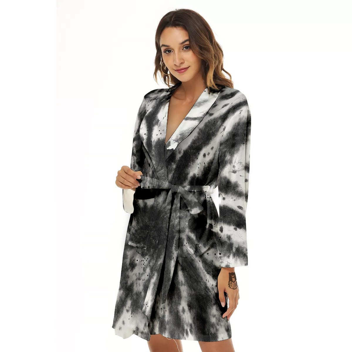 Tie Dye Black White Print Pattern Women's Robe-grizzshop
