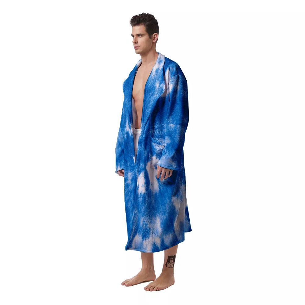 Tie Dye Blue And White Print Men's Robe-grizzshop