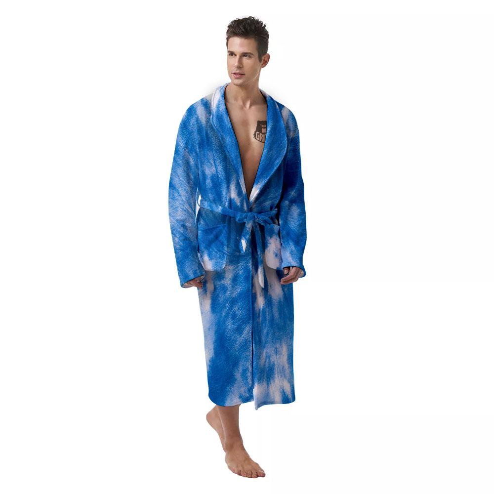 Tie Dye Blue And White Print Men's Robe-grizzshop