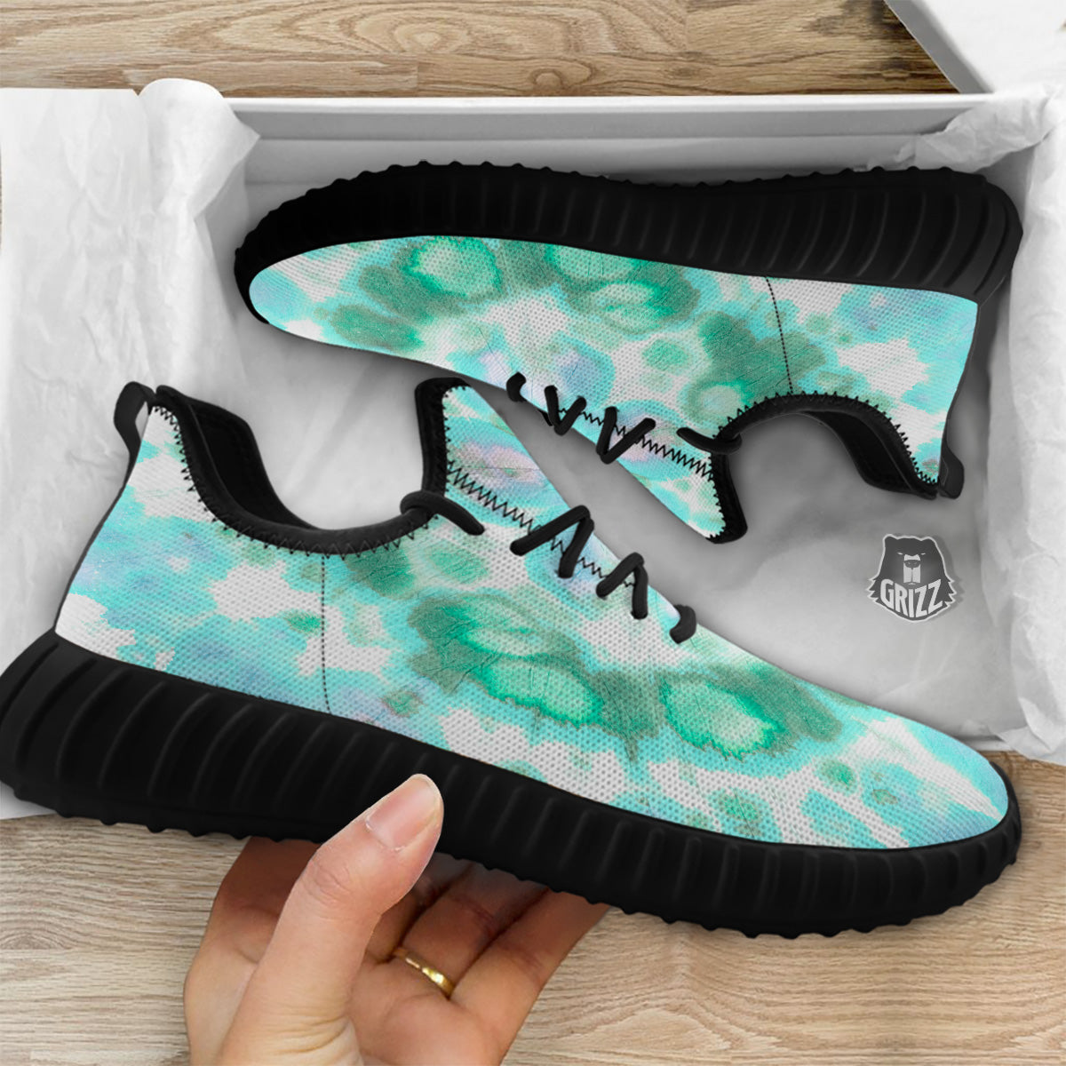 Tie Dye Blue Green And White Print Black Walking Shoes-grizzshop
