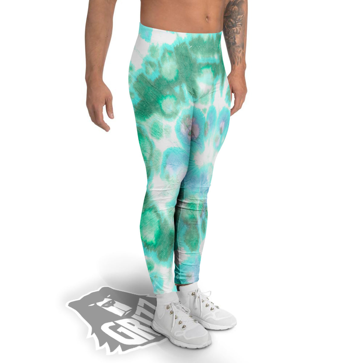 Tie Dye Blue Green And White Print Men's Leggings-grizzshop