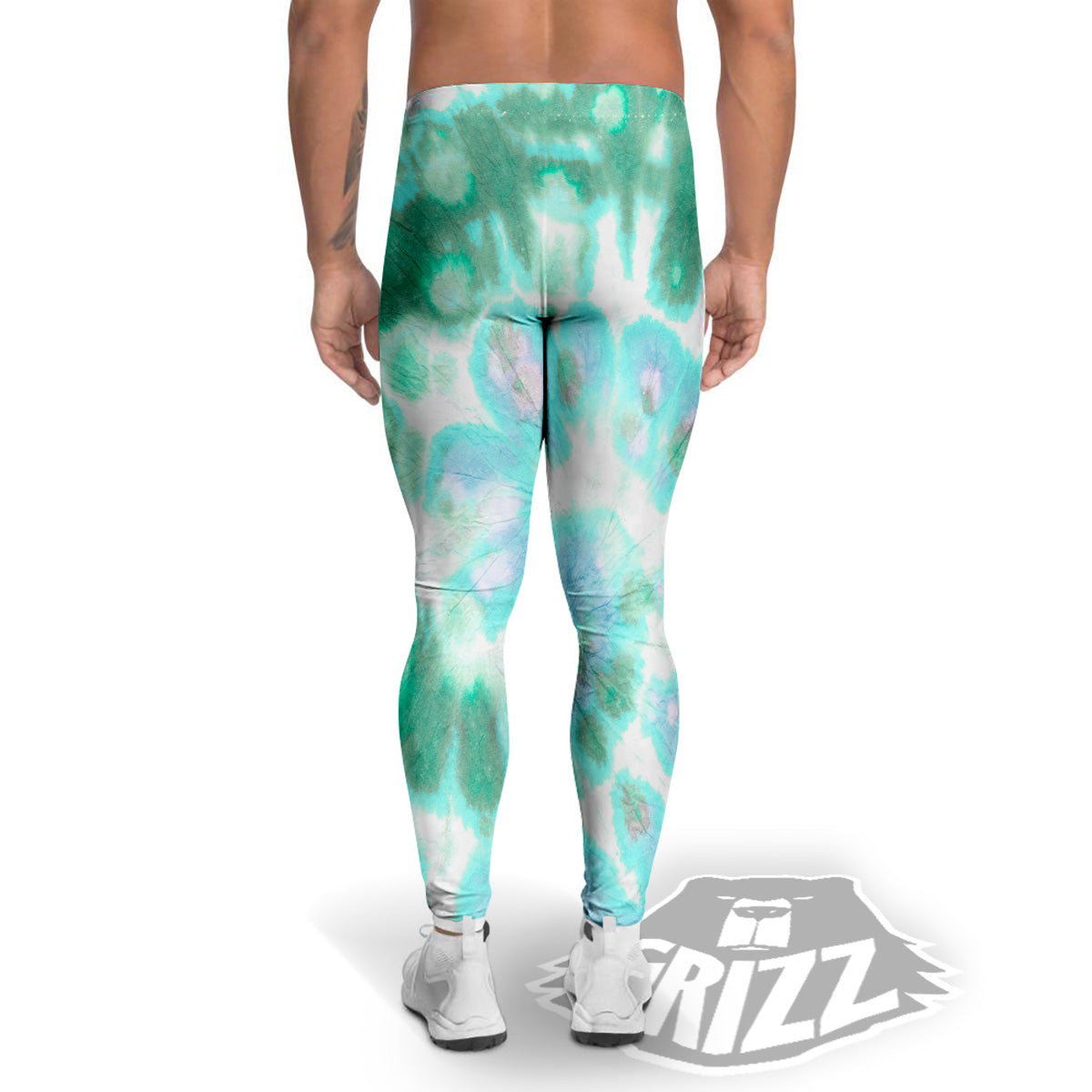 Tie Dye Blue Green And White Print Men's Leggings-grizzshop